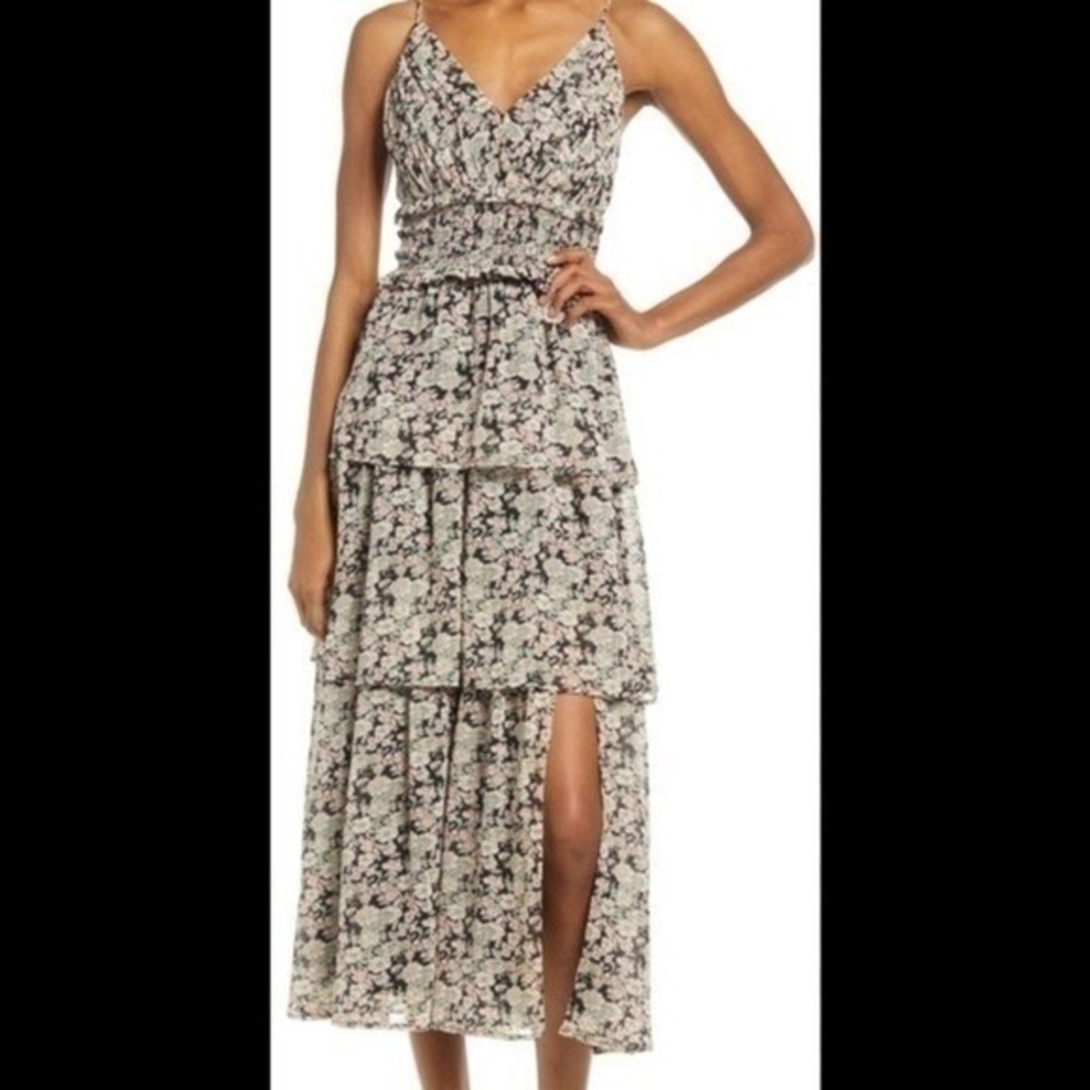 Floret Studios Women's Black Pink Floral Smocked Tiered‎ Midi Dress XS